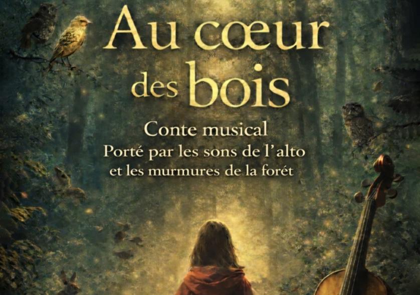 Affiche du conte musical "Au cœur des bois", porté par les sons de l'alto et les murmures de la forêt, avec une jeune fille assise de dos dans une forêt et un alto au premier plan